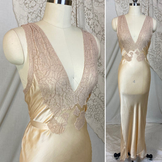 Vintage 1930's Nightgown | Champagne Silk with Warm Nude Lace | Size S, M - Daggers & Dames