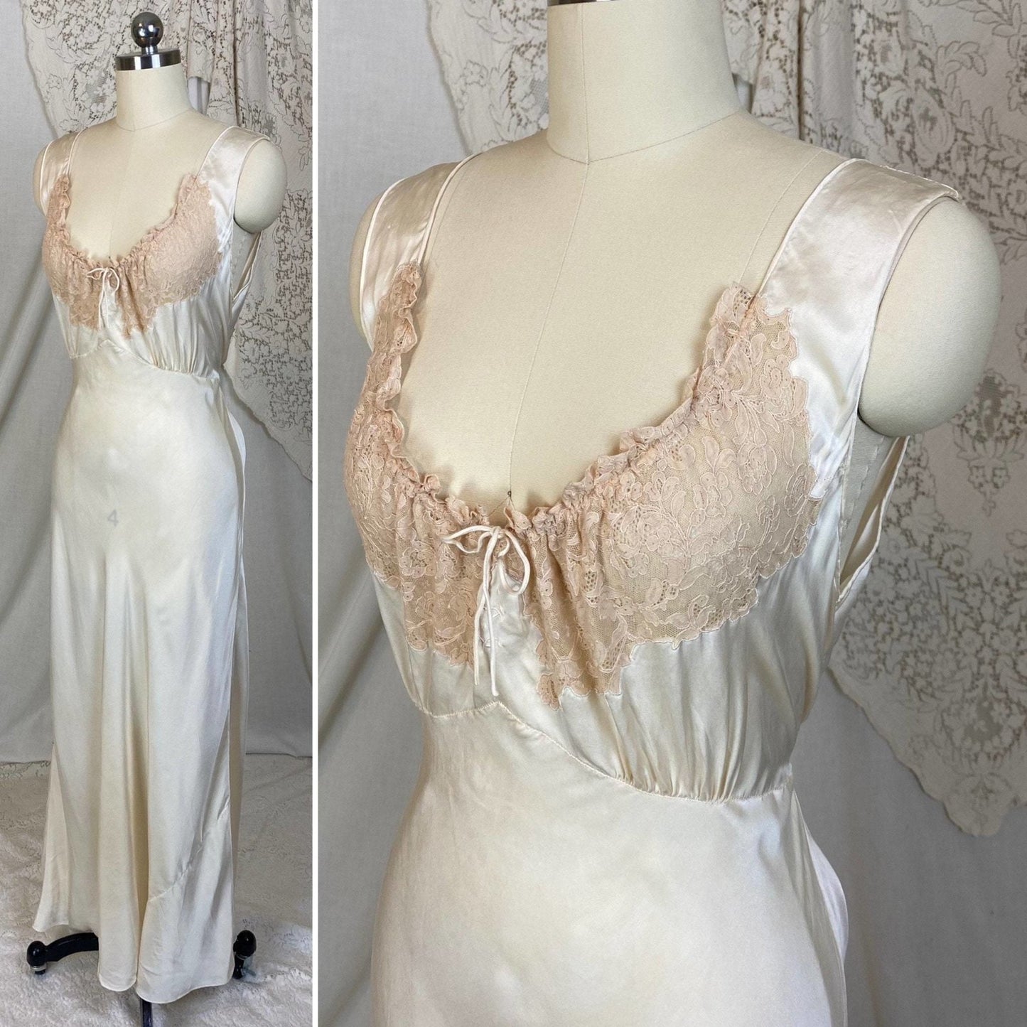Vintage 1930's Nightgown | Hand Stitched Ivory Silk with Light Nude Ruffled Lace | Size S, M, LG | Yolande - Daggers & Dames