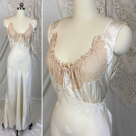 Vintage 1930's Nightgown | Hand Stitched Ivory Silk with Light Nude Ruffled Lace | Size S, M, LG | Yolande - Daggers & Dames