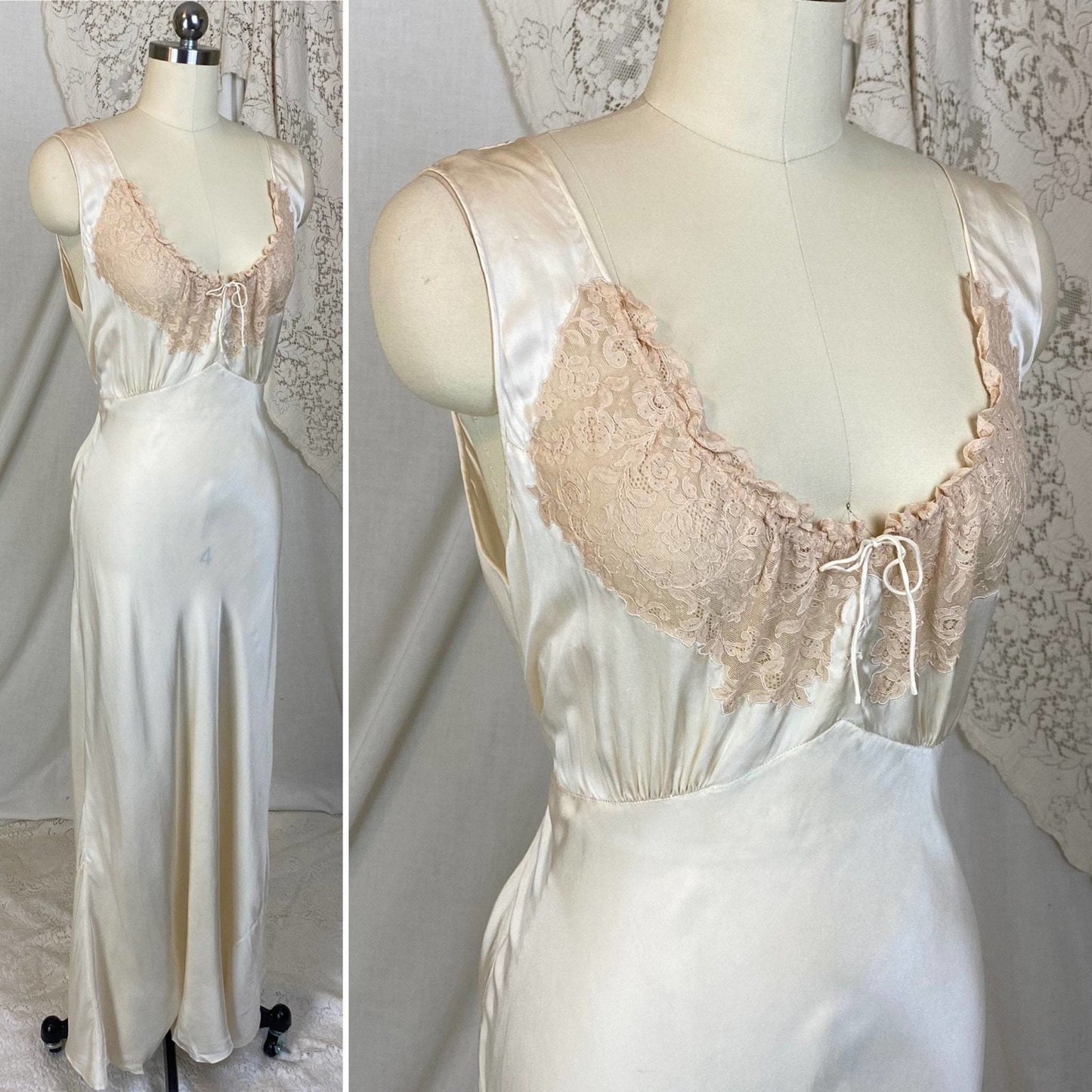Vintage 1930's Nightgown | Hand Stitched Ivory Silk with Light Nude Ruffled Lace | Size S, M, LG | Yolande - Daggers & Dames