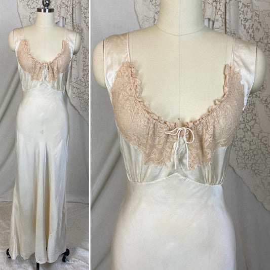 Vintage 1930's Nightgown | Hand Stitched Ivory Silk with Light Nude Ruffled Lace | Size S, M, LG | Yolande - Daggers & Dames