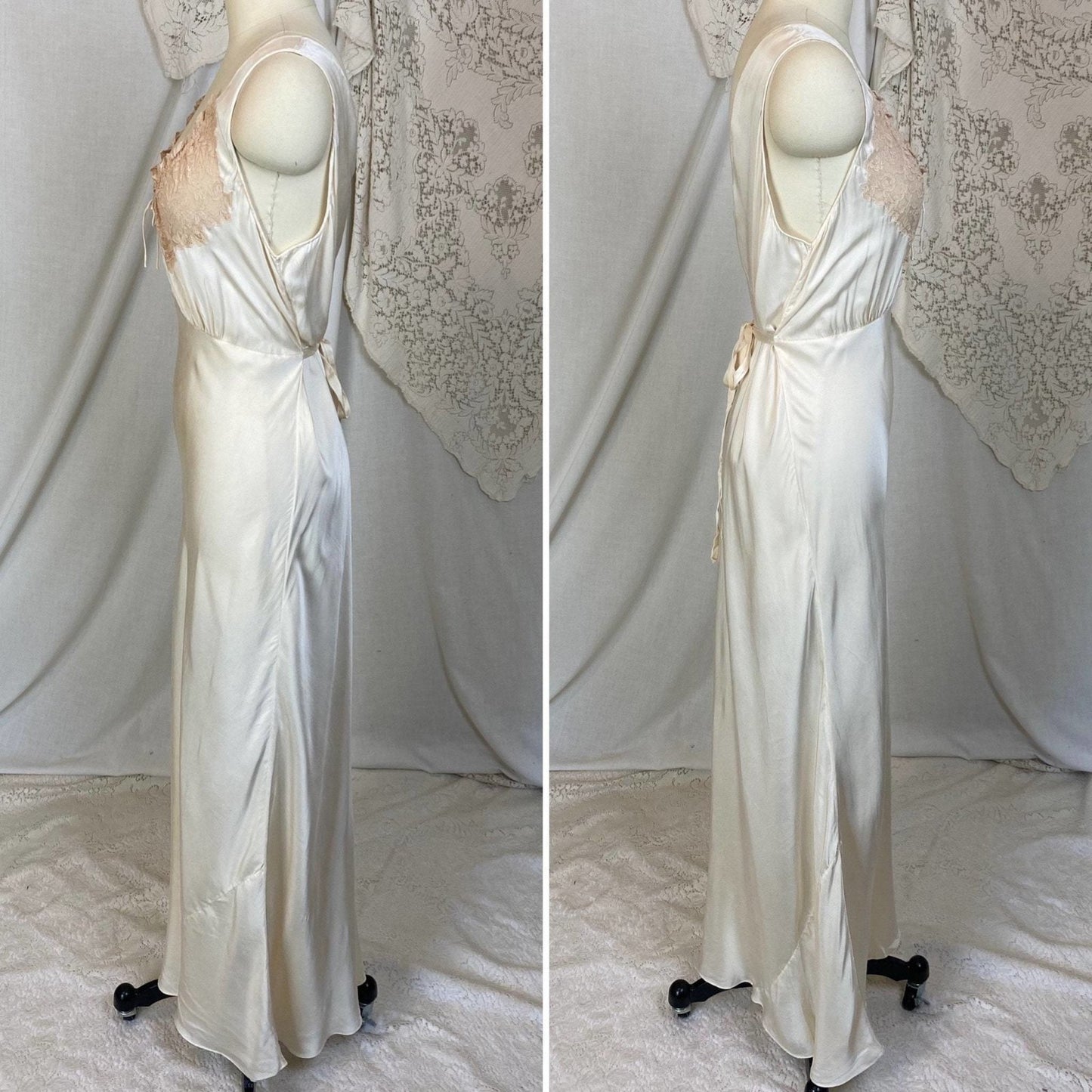 Vintage 1930's Nightgown | Hand Stitched Ivory Silk with Light Nude Ruffled Lace | Size S, M, LG | Yolande - Daggers & Dames