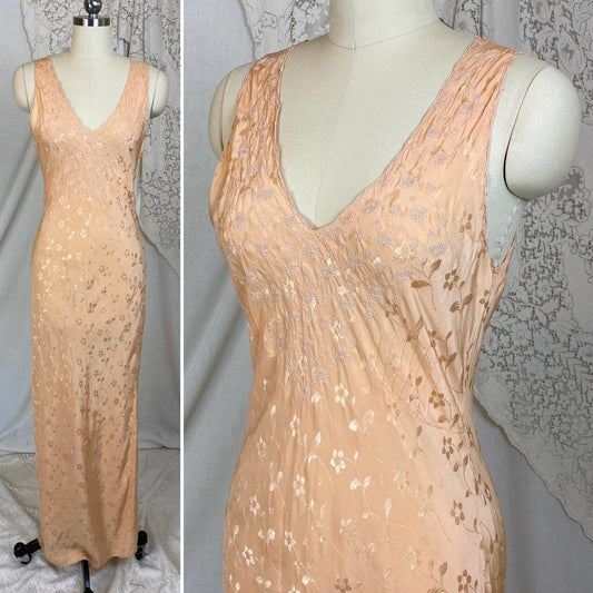 Vintage 1930's Nightgown | Hand Stitched Rose Gold Pink Silk with Floral Satin Damask & Embroidery | Size XS, S, M - Daggers & Dames
