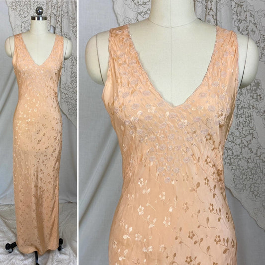 Vintage 1930's Nightgown | Hand Stitched Rose Gold Pink Silk with Floral Satin Damask & Embroidery | Size XS, S, M - Daggers & Dames