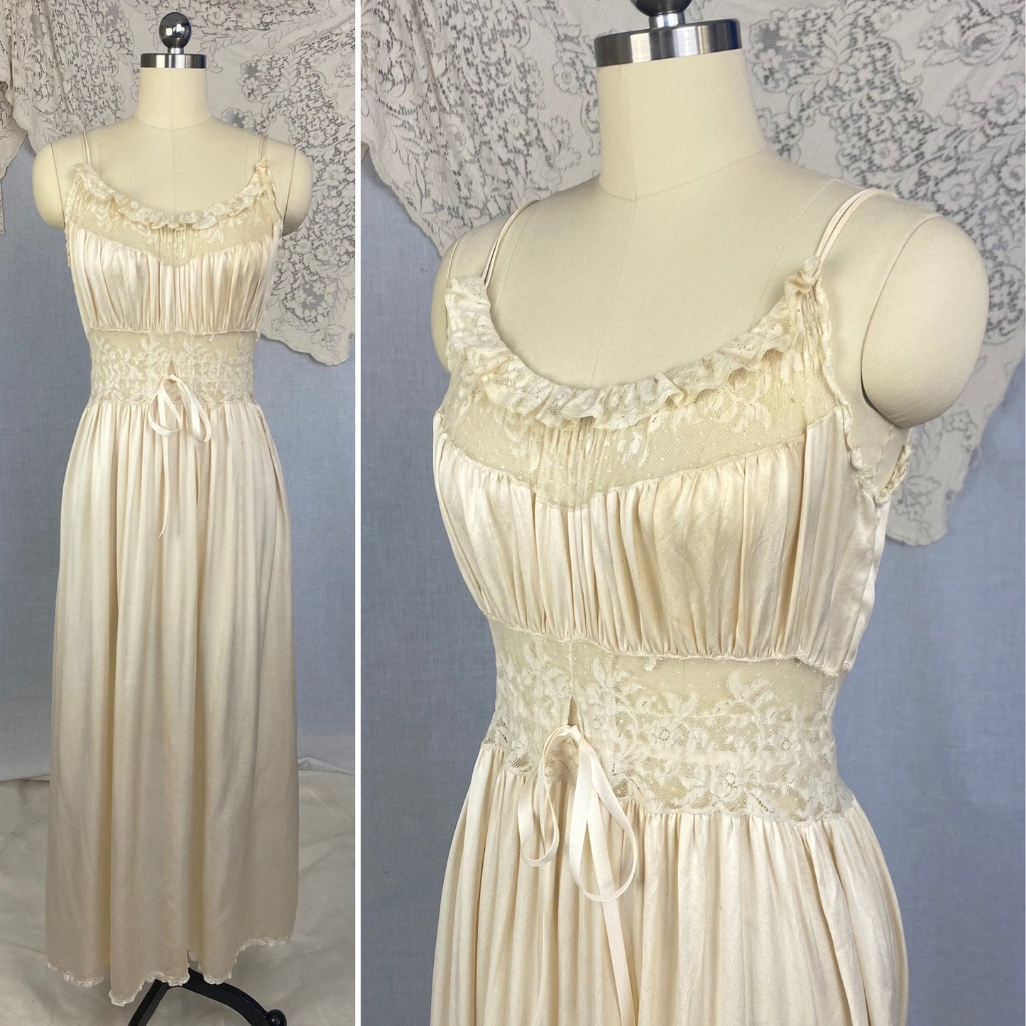 Vintage 1930's Nightgown | Ivory Pearl Silk with Swiss Dot Ruffled Lace | Size XS, S | Levy's Ladies Toggery - Daggers & Dames
