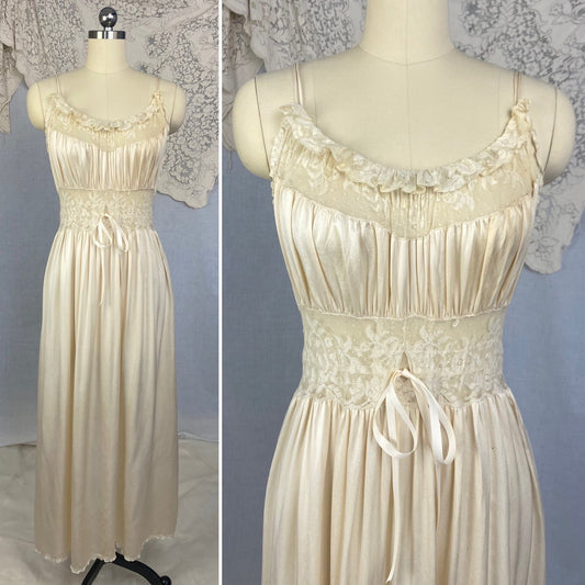 Vintage 1930's Nightgown | Ivory Pearl Silk with Swiss Dot Ruffled Lace | Size XS, S | Levy's Ladies Toggery - Daggers & Dames