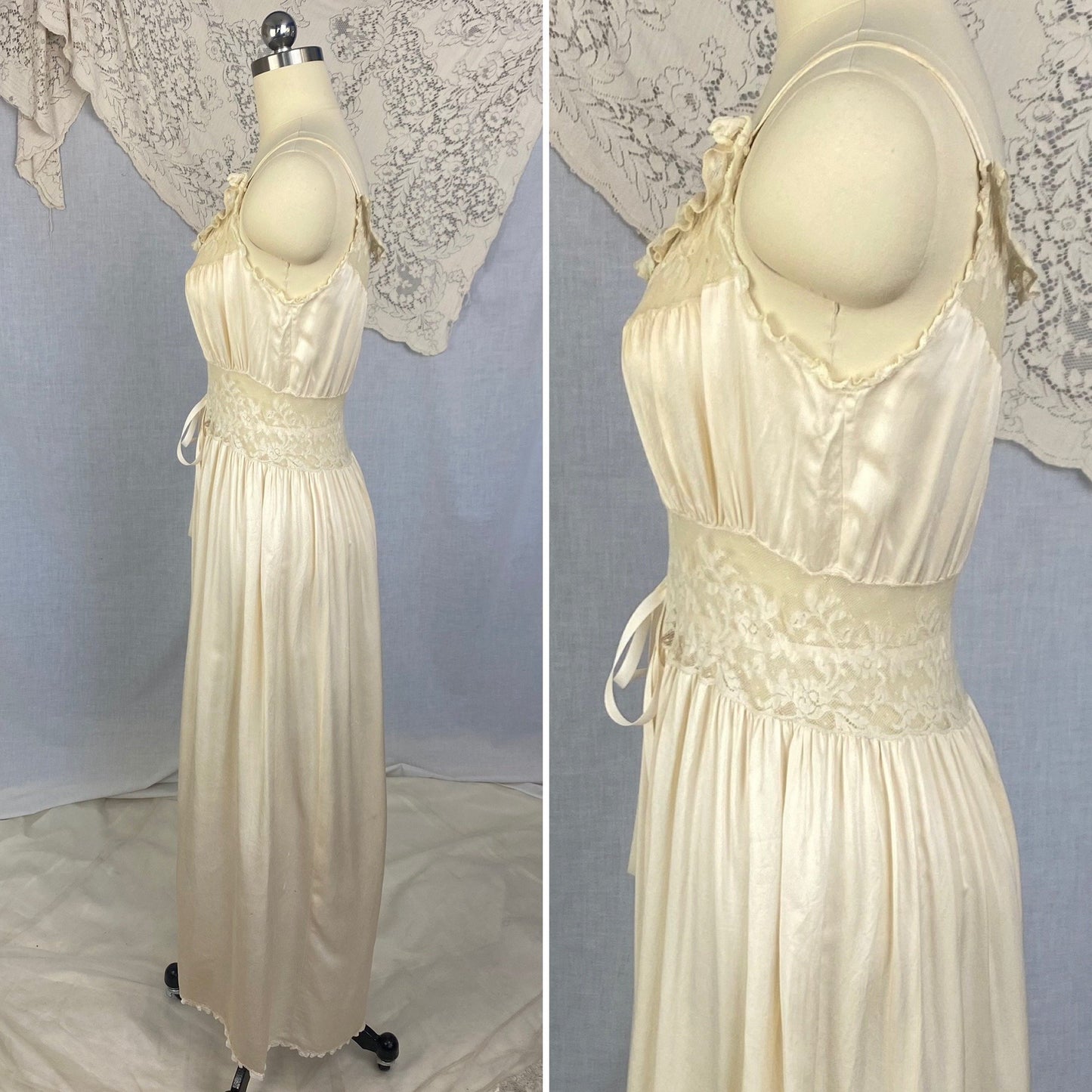 Vintage 1930's Nightgown | Ivory Pearl Silk with Swiss Dot Ruffled Lace | Size XS, S | Levy's Ladies Toggery - Daggers & Dames