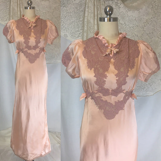 Vintage 1930's Nightgown | Light Peach - Pink Silk Satin with Mauve Chantilly Lace & Ruffled Collar | Never Worn | Size SM, MED - Daggers & Dames