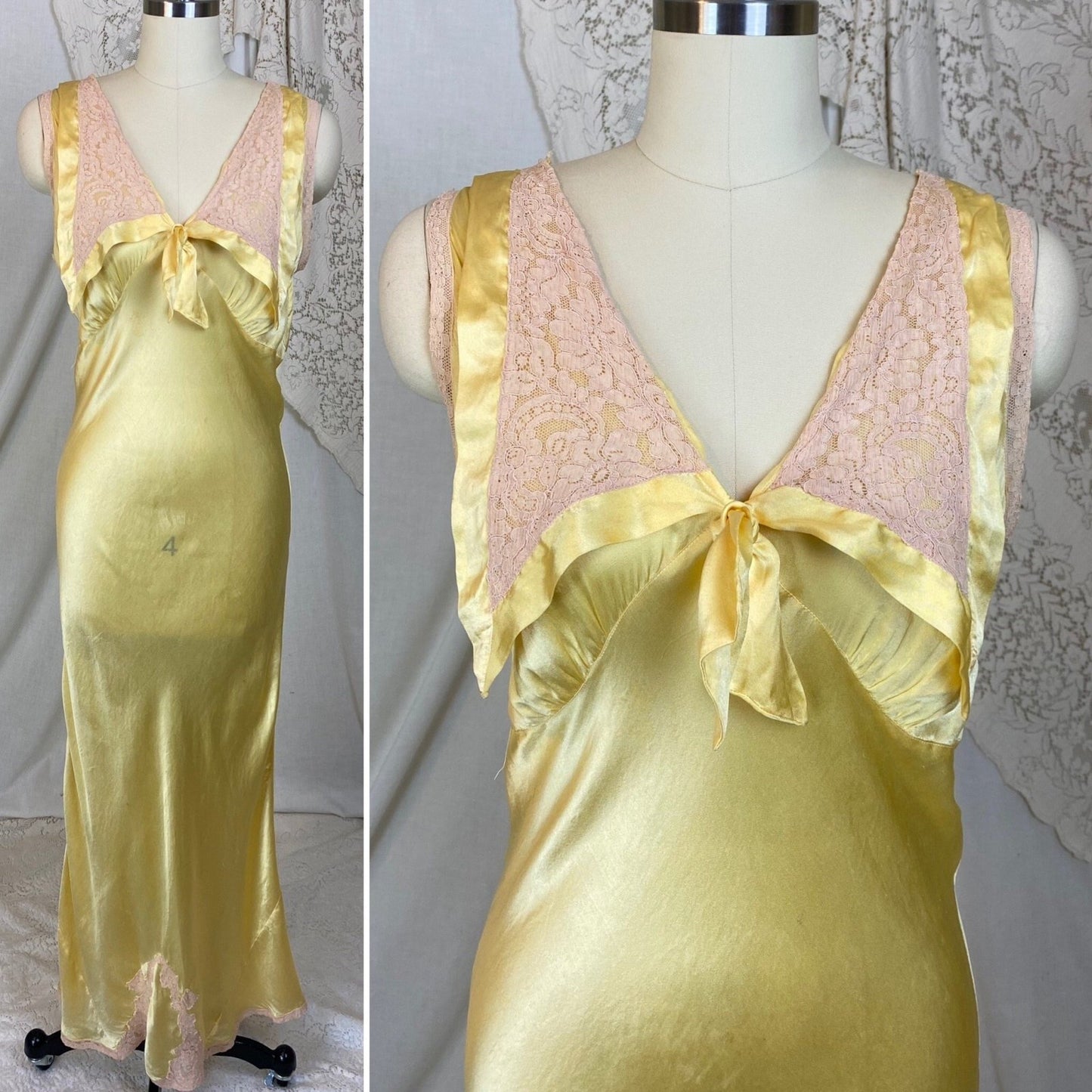Vintage 1930's Nightgown | Marigold Yellow Silk with Light Nude Lace | Size M, LG - Daggers & Dames