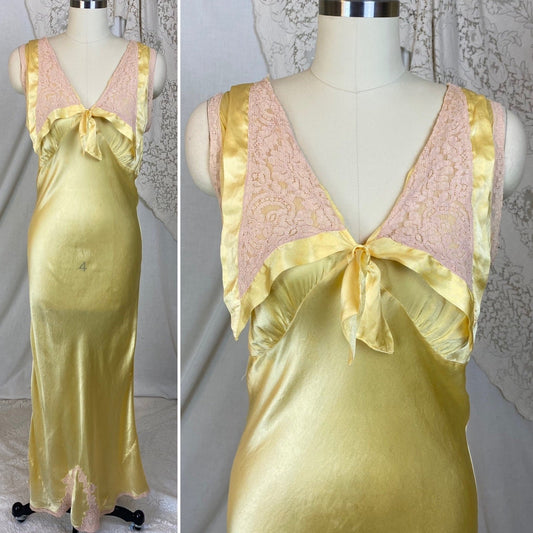 Vintage 1930's Nightgown | Marigold Yellow Silk with Light Nude Lace | Size M, LG - Daggers & Dames