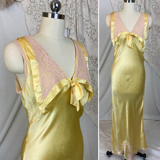 Vintage 1930's Nightgown | Marigold Yellow Silk with Light Nude Lace | Size M, LG - Daggers & Dames