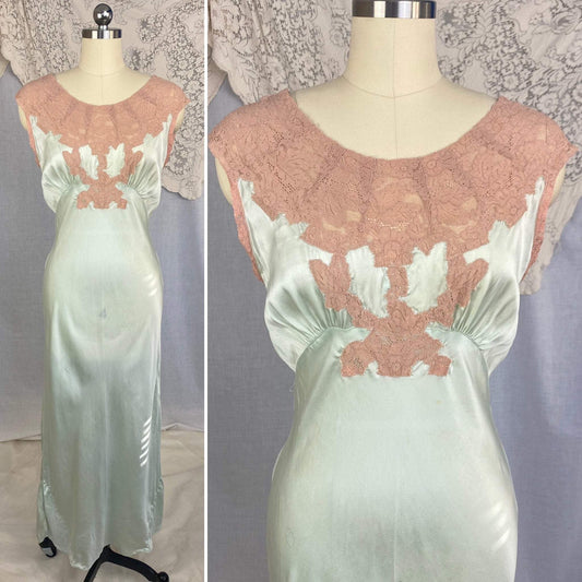 Vintage 1930's Nightgown | Mint Green Silk with Deep Nude Lace | Size S, M - Daggers & Dames