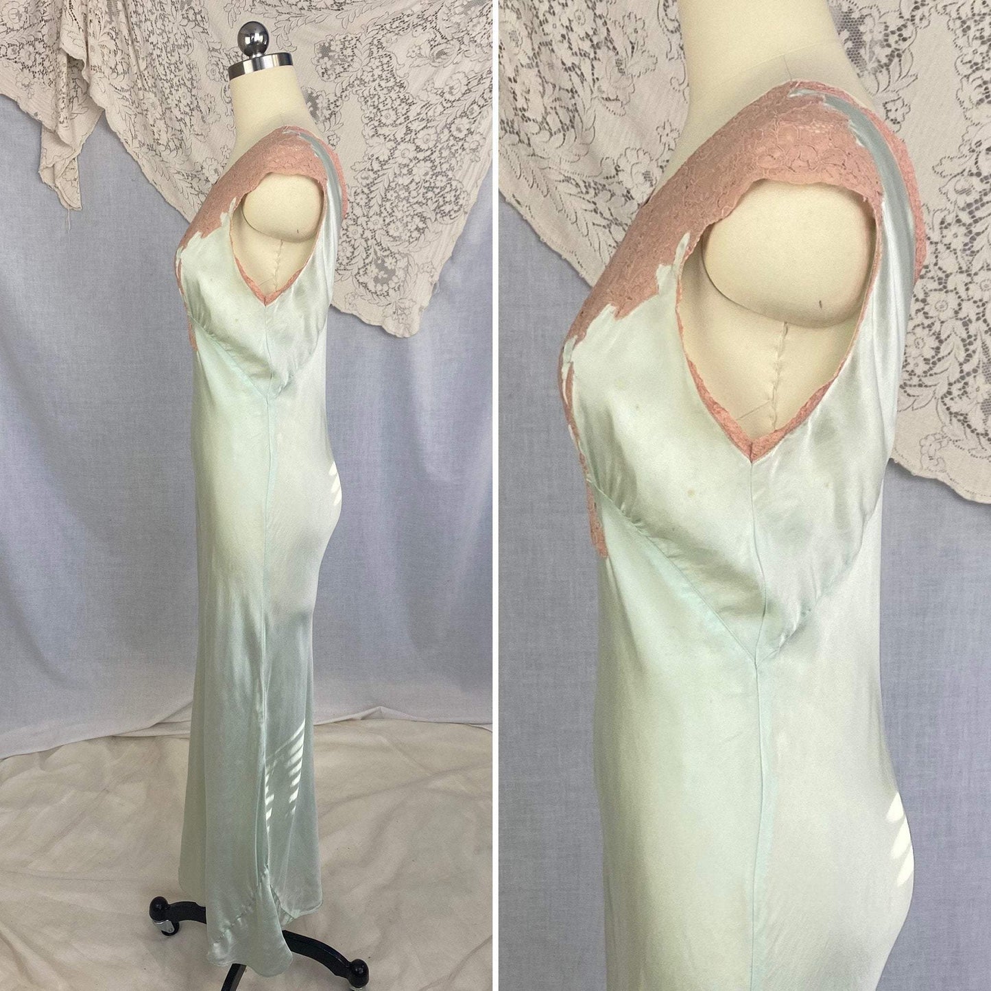 Vintage 1930's Nightgown | Mint Green Silk with Deep Nude Lace | Size S, M - Daggers & Dames