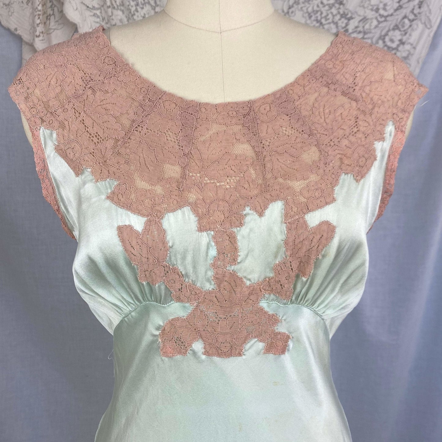 Vintage 1930's Nightgown | Mint Green Silk with Deep Nude Lace | Size S, M - Daggers & Dames