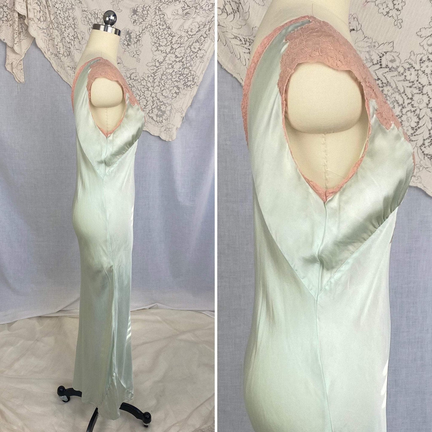 Vintage 1930's Nightgown | Mint Green Silk with Deep Nude Lace | Size S, M - Daggers & Dames