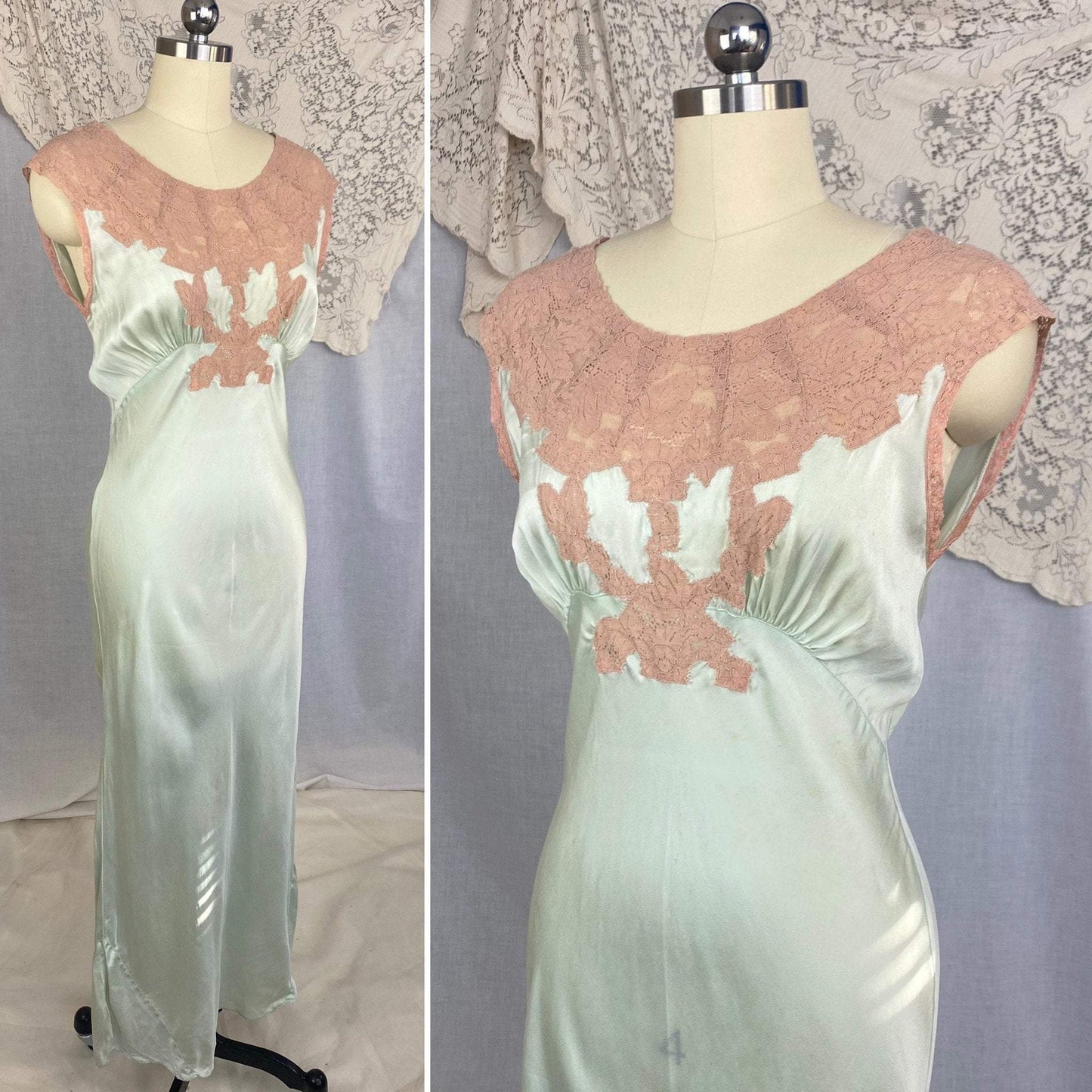 Vintage 1930's Nightgown | Mint Green Silk with Deep Nude Lace | Size S, M - Daggers & Dames