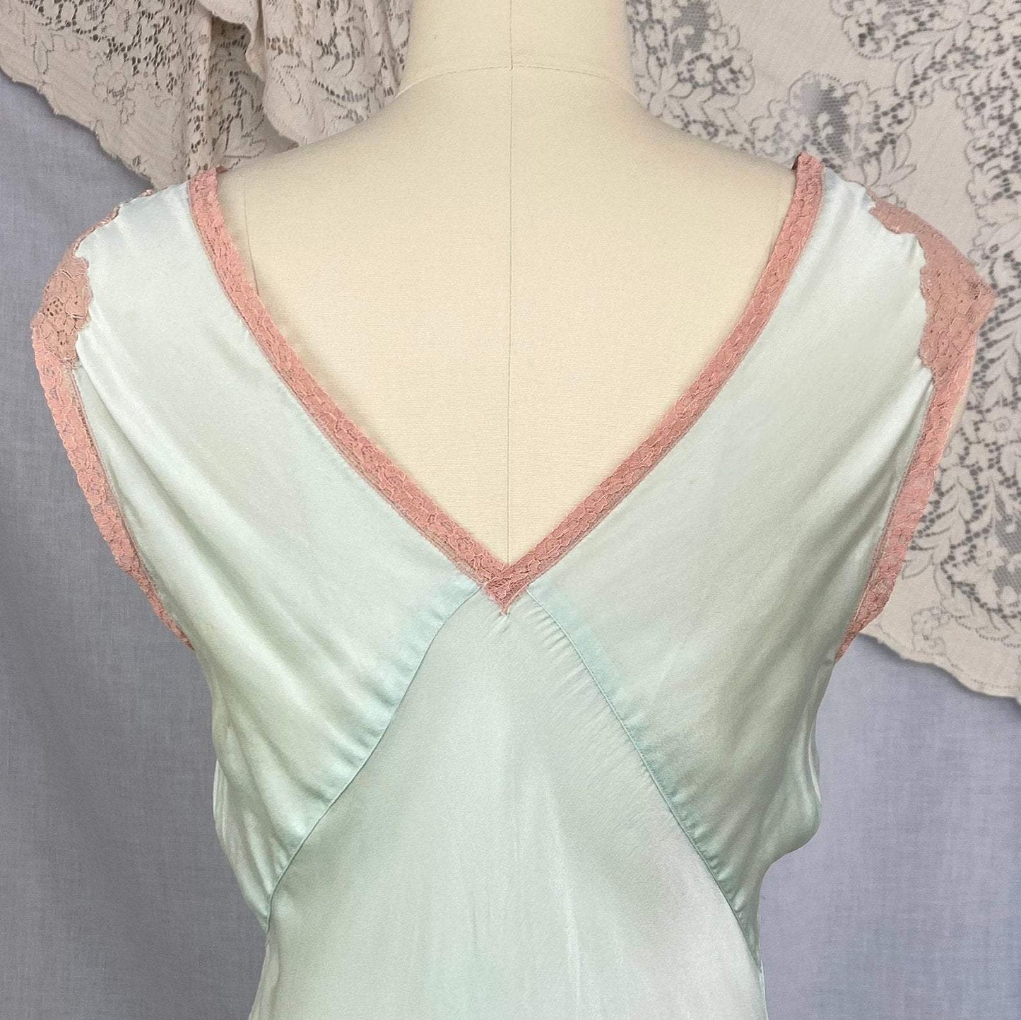 Vintage 1930's Nightgown | Mint Green Silk with Deep Nude Lace | Size S, M - Daggers & Dames