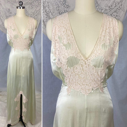Vintage 1930's Nightgown | Pale Mint Green Silk with Ivory Lace & Open Back | Size 32-34, XS | Miss New Yorker - Daggers & Dames