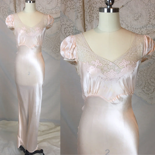 Vintage 1930's Nightgown | Pale Powder Pink Rayon Satin with Floral Appliqué & Princess Puff Sleeves | Laura Lane | Size XS - Daggers & Dames