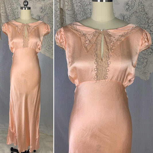 Vintage 1930's Nightgown | Pale Rose Pink Silk Satin Glace with Soutache Embroidery & Lace | Size S | Lerner Shops - Daggers & Dames