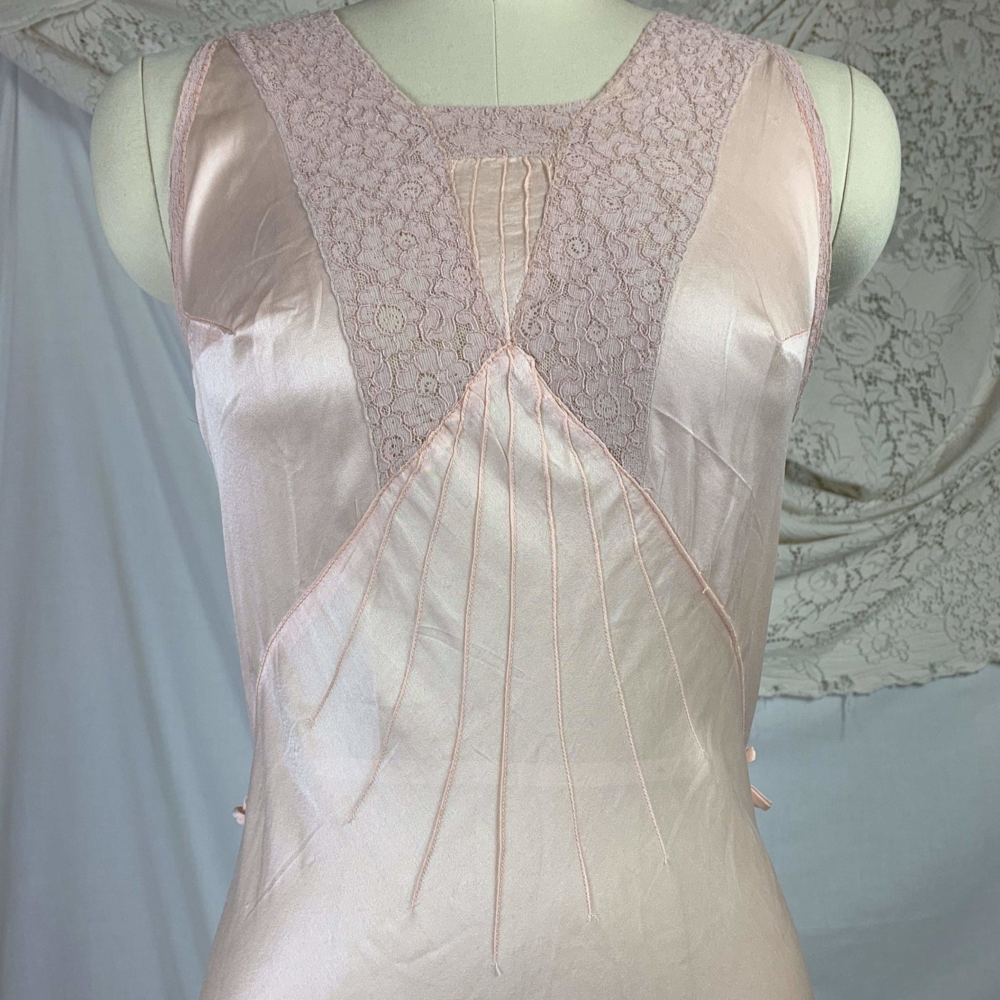 Vintage 1930's Nightgown | Palest Petal Pinkish Peach Silk with Darted Bust & Lace | Size MED - Daggers & Dames