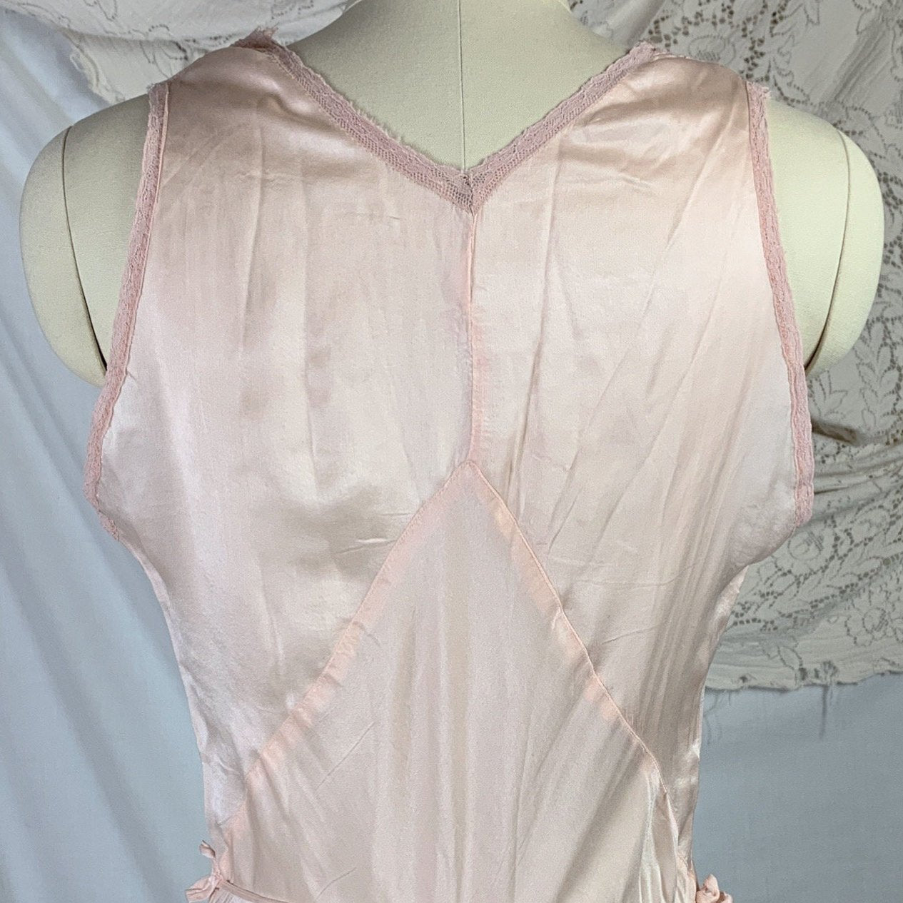 Vintage 1930's Nightgown | Palest Petal Pinkish Peach Silk with Darted Bust & Lace | Size MED - Daggers & Dames