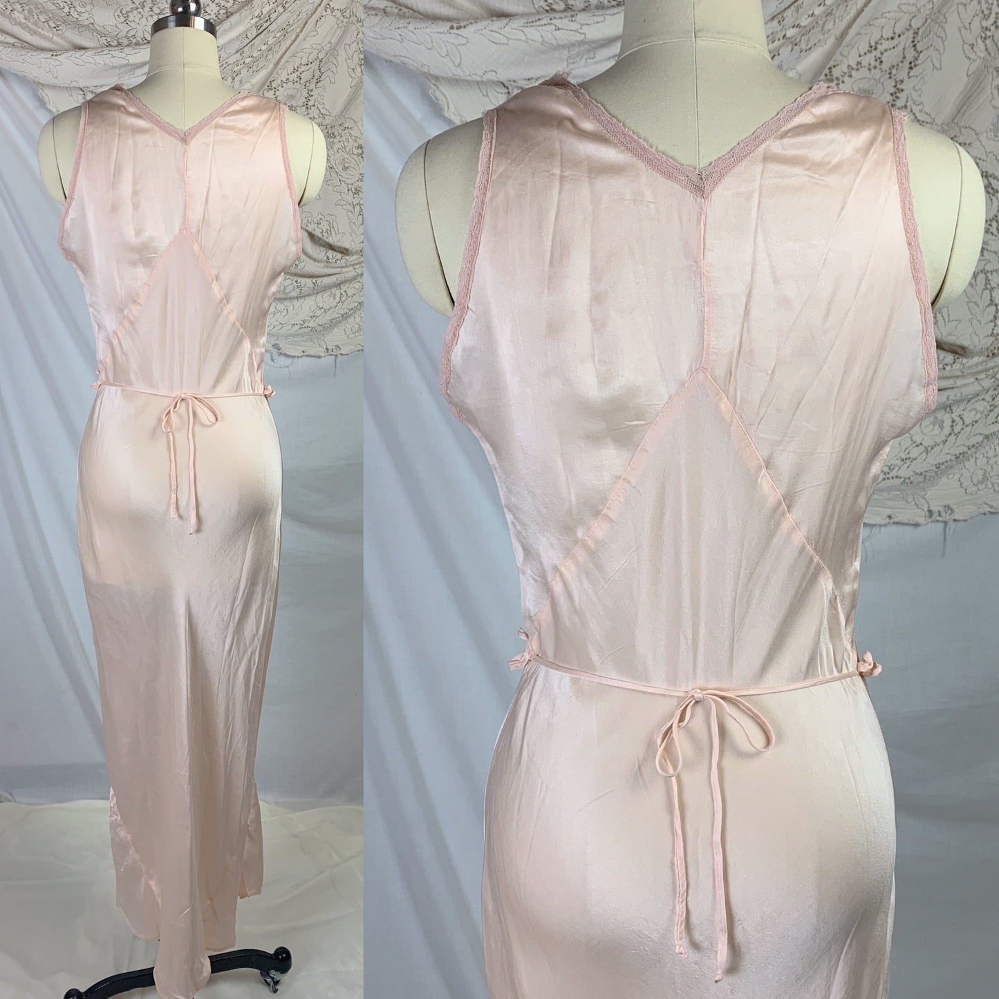 Vintage 1930's Nightgown | Palest Petal Pinkish Peach Silk with Darted Bust & Lace | Size MED - Daggers & Dames