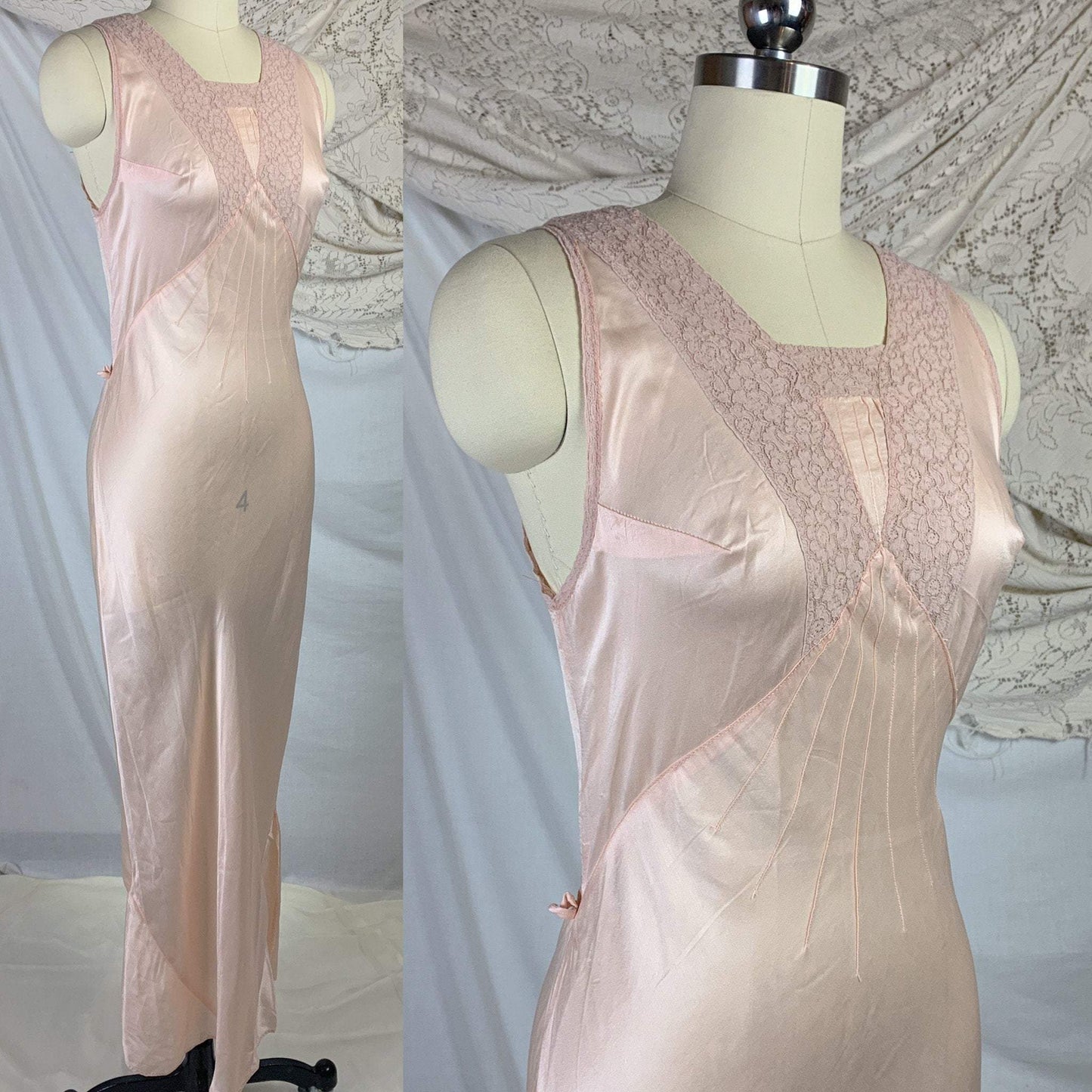 Vintage 1930's Nightgown | Palest Petal Pinkish Peach Silk with Darted Bust & Lace | Size MED - Daggers & Dames