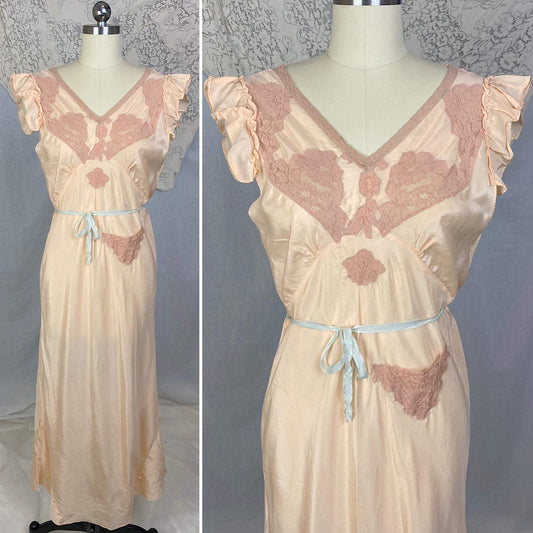 Vintage 1930's Nightgown | Peachy Pink Silk with Blush Lace | Size M, LG - Daggers & Dames