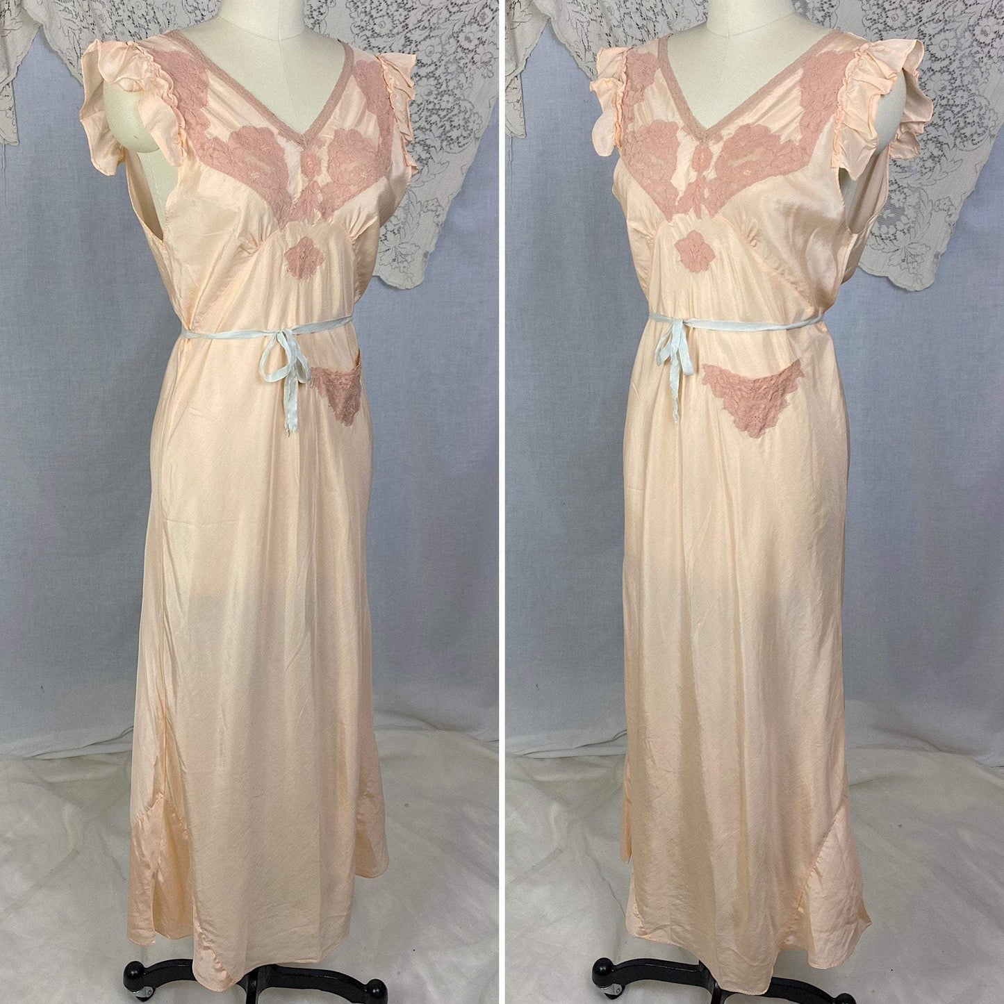 Vintage 1930's Nightgown | Peachy Pink Silk with Blush Lace | Size M, LG - Daggers & Dames