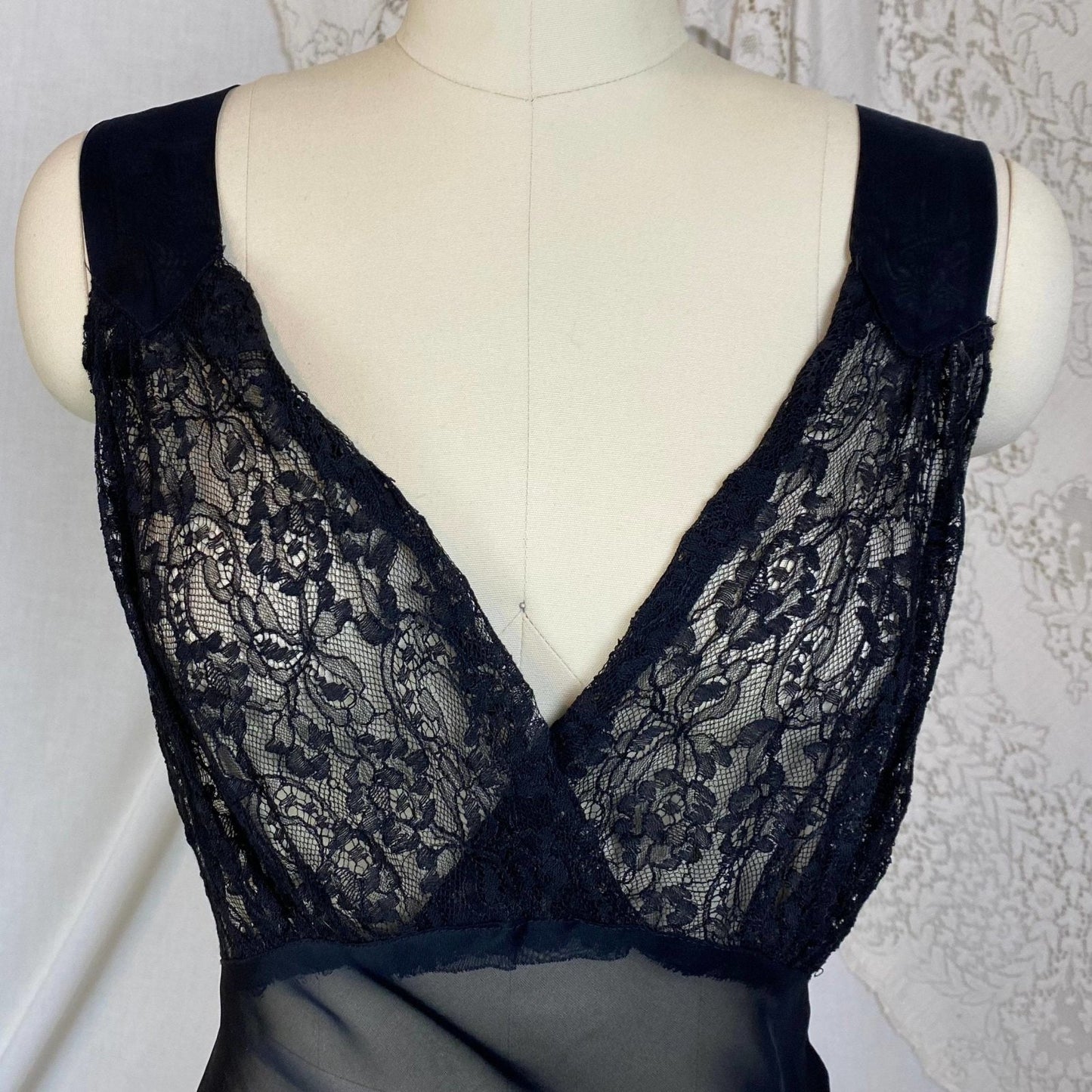 Vintage 1930's Nightgown & Peignoir Robe Set | Sheer Black Rayon Chiffon with Chantilly Lace | Size S, M - Daggers & Dames