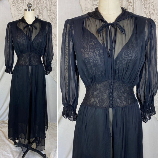 Vintage 1930's Nightgown & Peignoir Robe Set | Sheer Black Rayon Chiffon with Chantilly Lace | Size S, M - Daggers & Dames