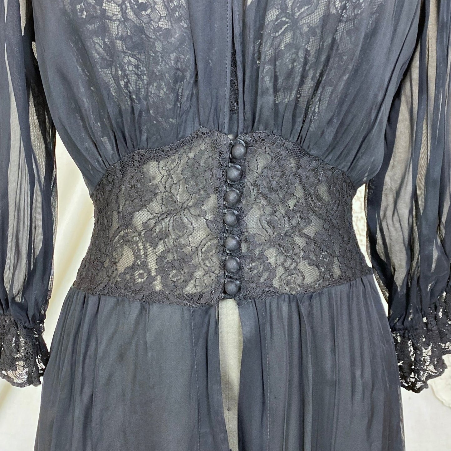 Vintage 1930's Nightgown & Peignoir Robe Set | Sheer Black Rayon Chiffon with Chantilly Lace | Size S, M - Daggers & Dames