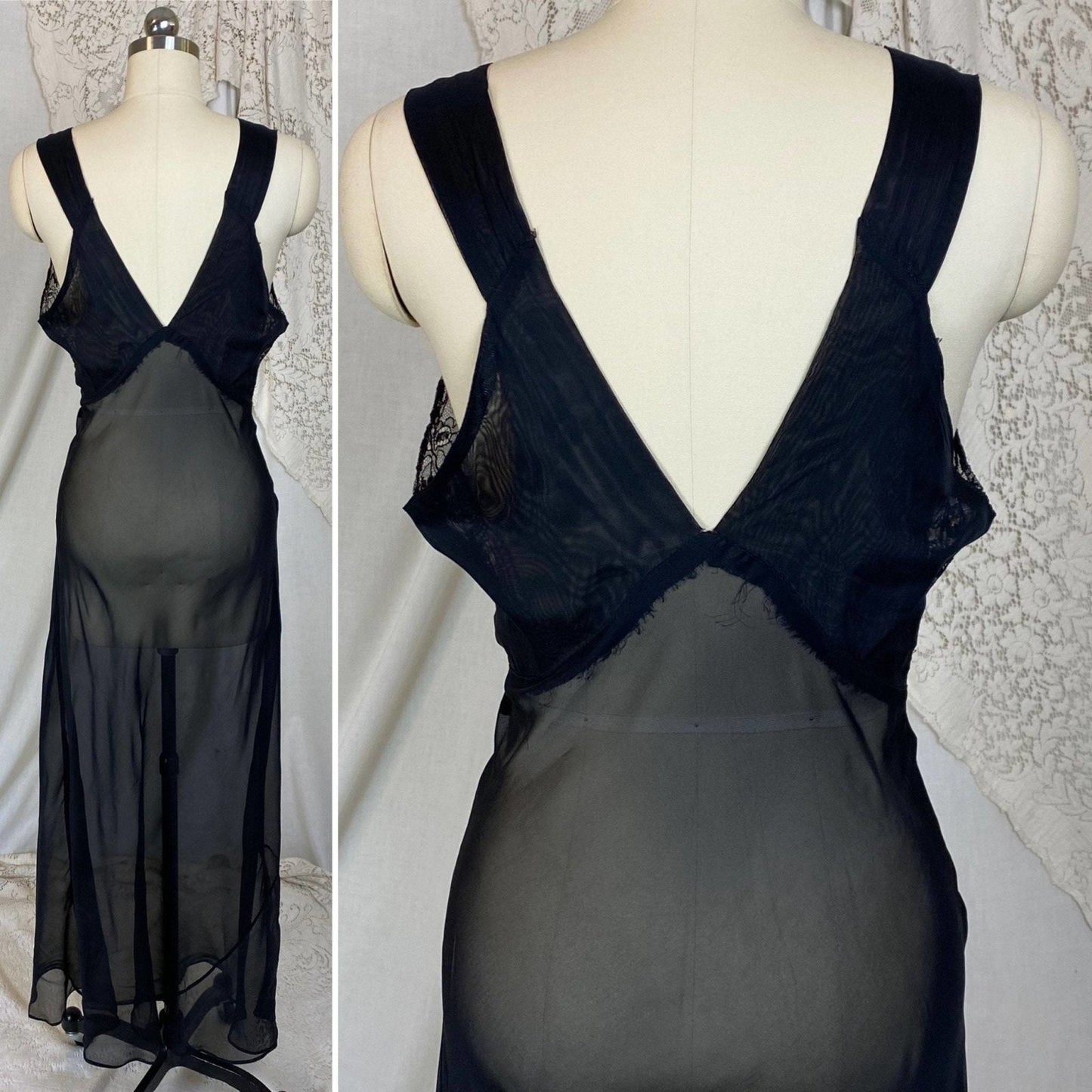 Vintage 1930's Nightgown & Peignoir Robe Set | Sheer Black Rayon Chiffon with Chantilly Lace | Size S, M - Daggers & Dames