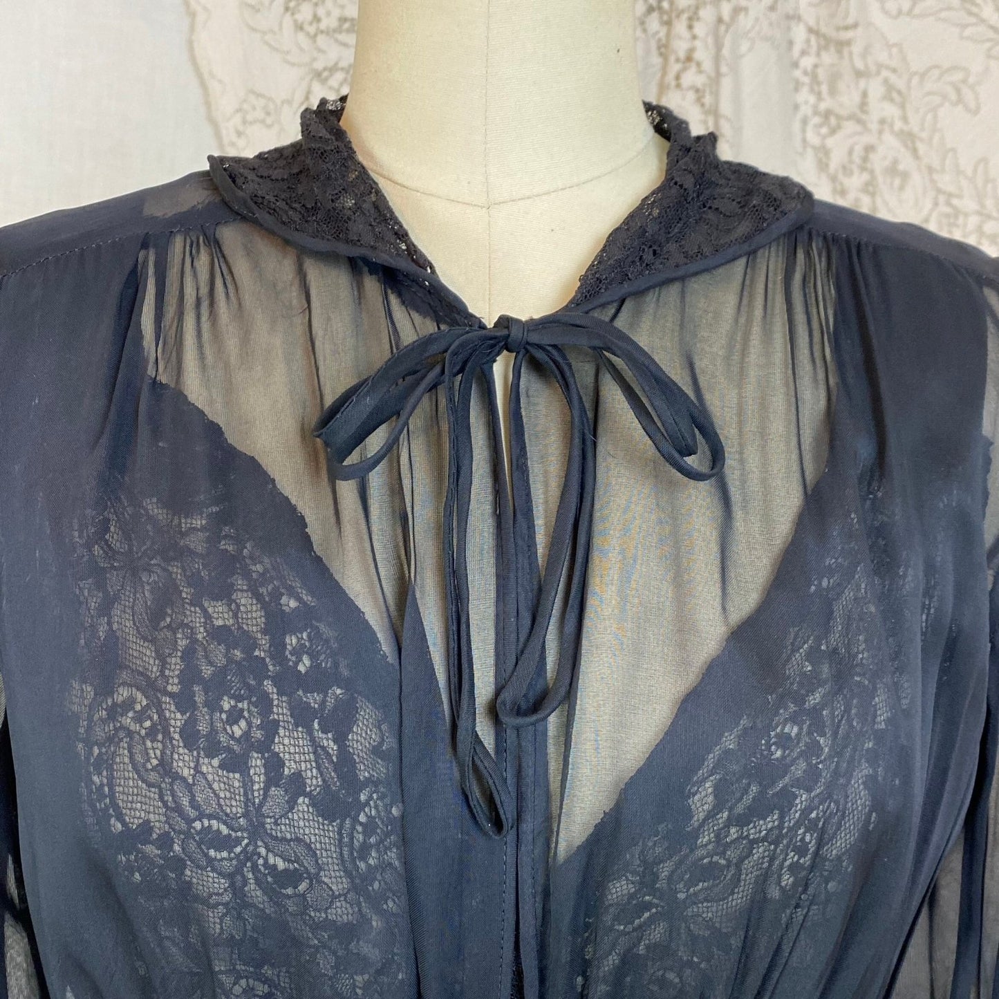 Vintage 1930's Nightgown & Peignoir Robe Set | Sheer Black Rayon Chiffon with Chantilly Lace | Size S, M - Daggers & Dames