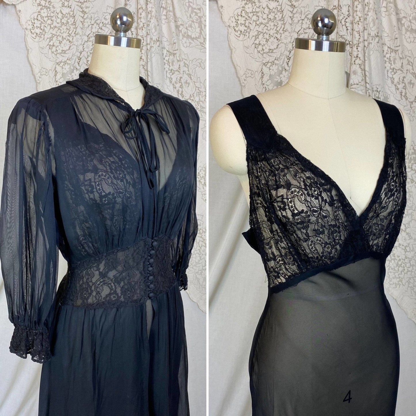 Vintage 1930's Nightgown & Peignoir Robe Set | Sheer Black Rayon Chiffon with Chantilly Lace | Size S, M - Daggers & Dames
