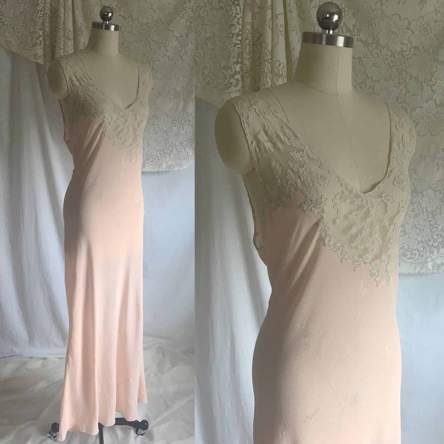 Vintage 1930's Nightgown | Powder Pink Silk Crepe Damask with Embroidered Tulle | Size Free - Daggers & Dames