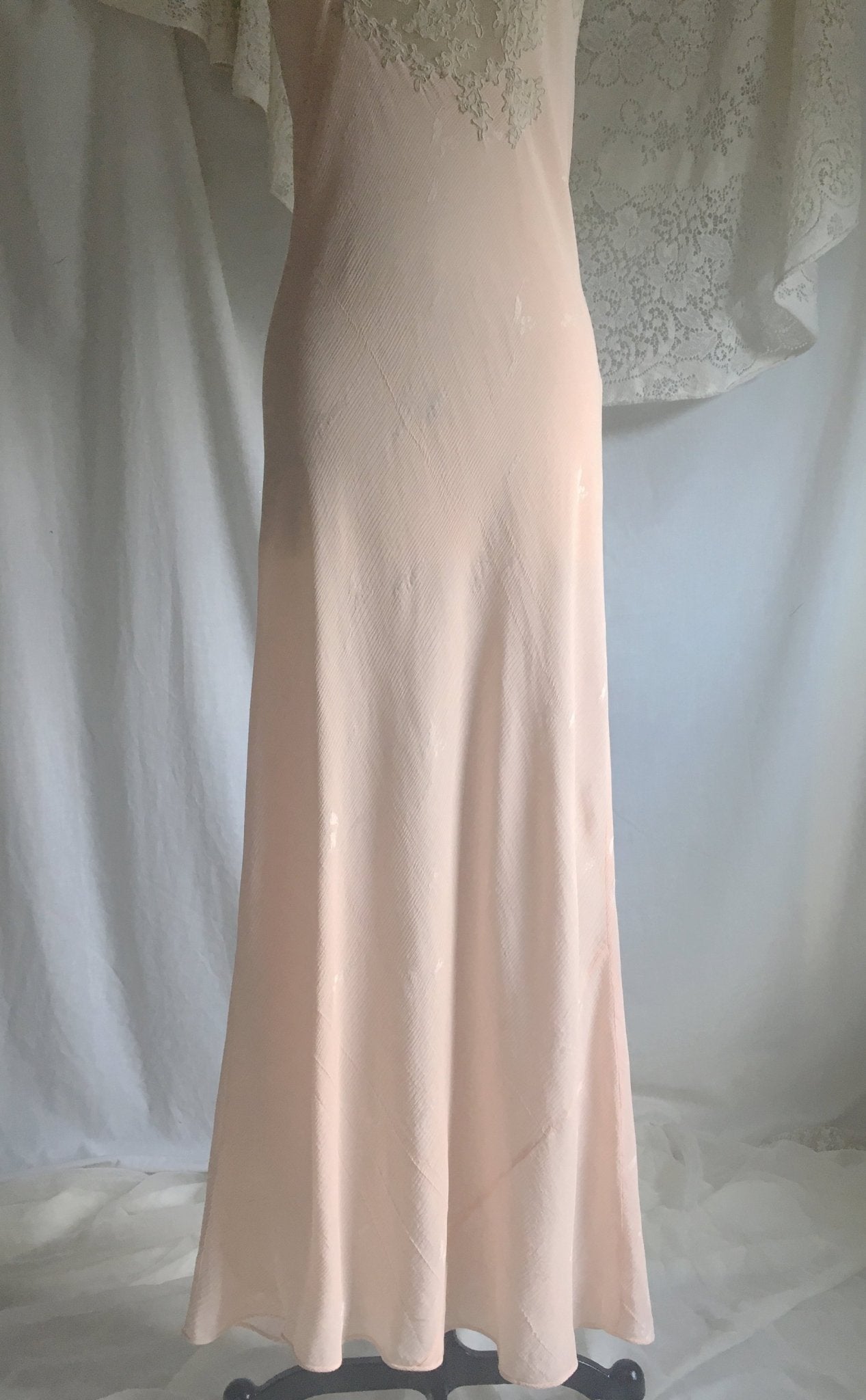 Vintage 1930's Nightgown | Powder Pink Silk Crepe Damask with Embroidered Tulle | Size Free - Daggers & Dames