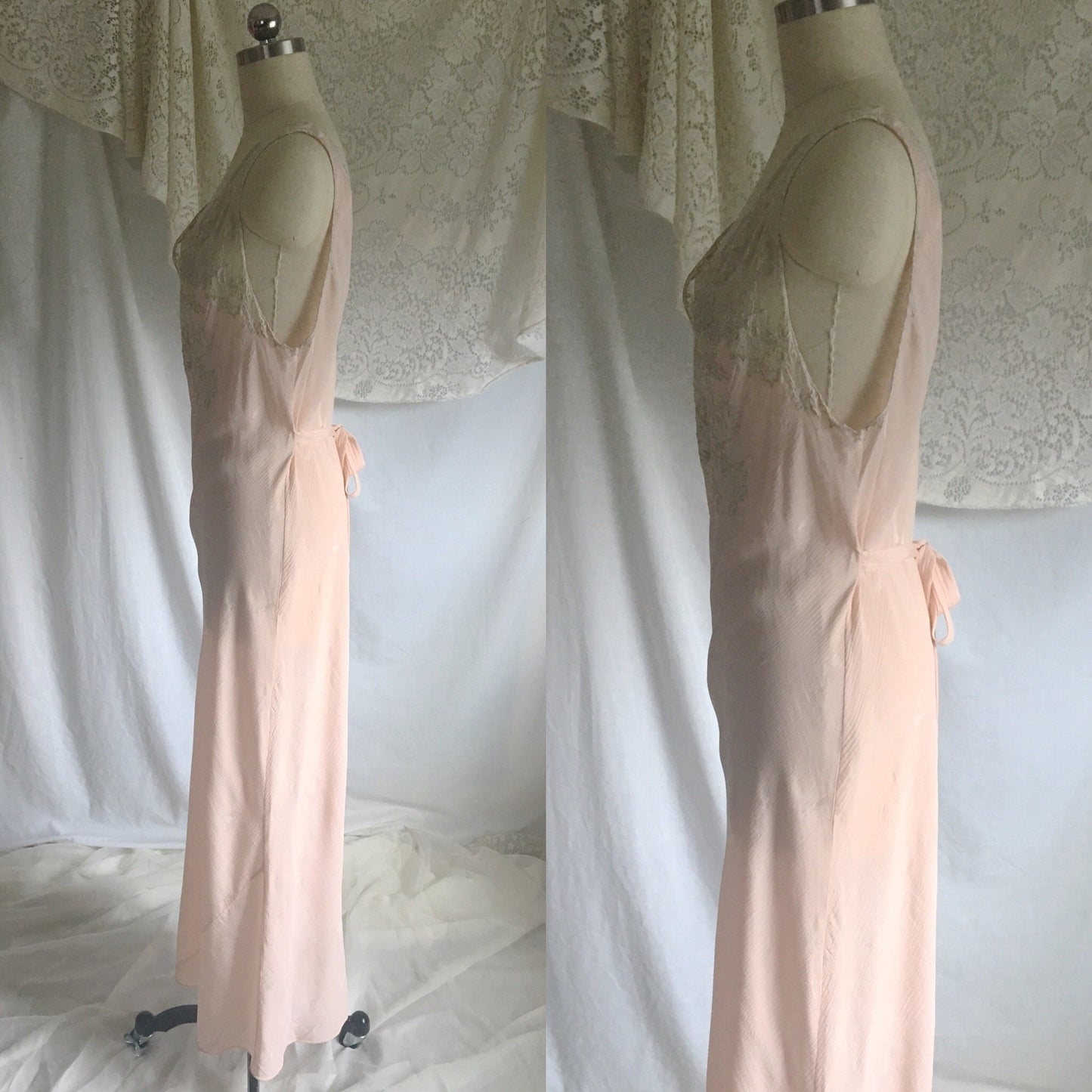 Vintage 1930's Nightgown | Powder Pink Silk Crepe Damask with Embroidered Tulle | Size Free - Daggers & Dames