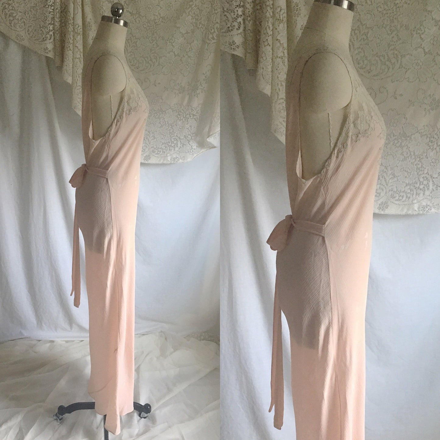 Vintage 1930's Nightgown | Powder Pink Silk Crepe Damask with Embroidered Tulle | Size Free - Daggers & Dames