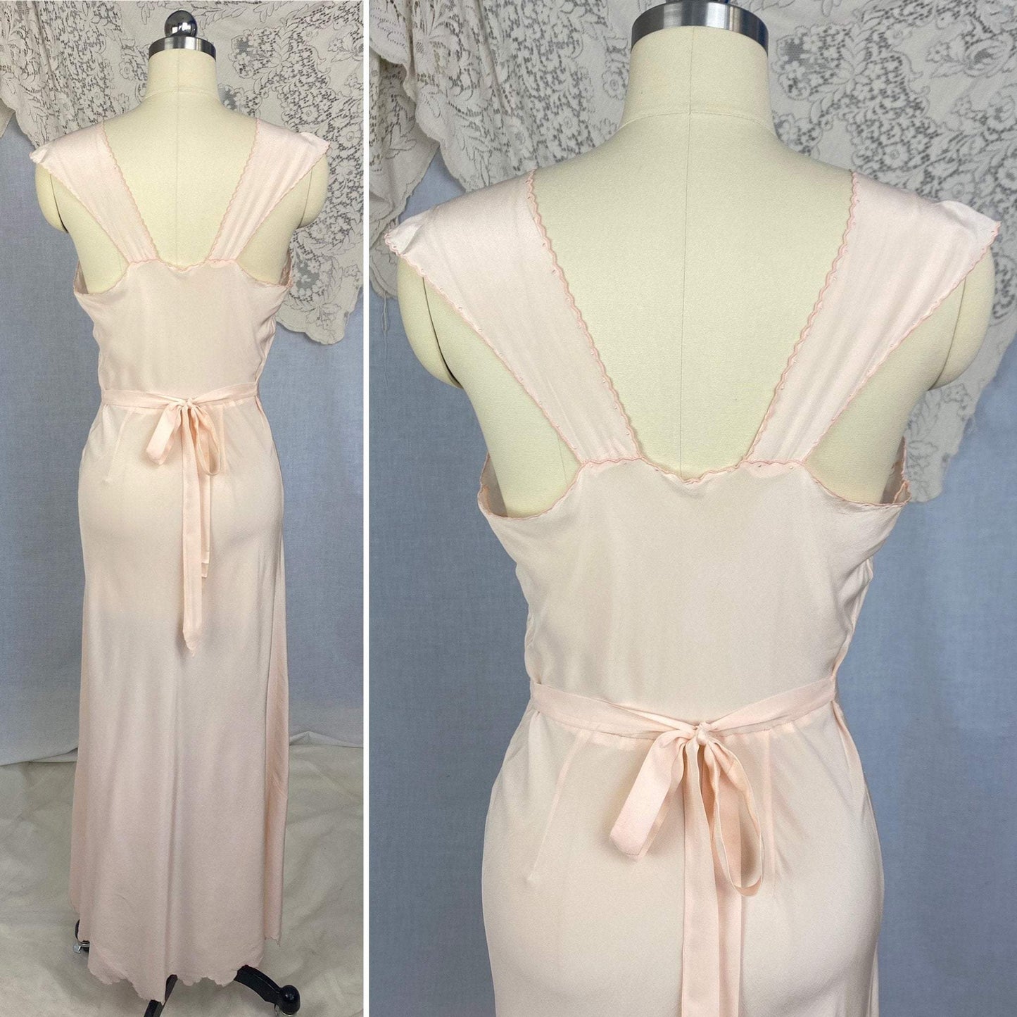 Vintage 1930's Nightgown | Powder Pink Silk with Heavy Embroidery & Scalloped Hem | Size M, LG - Daggers & Dames