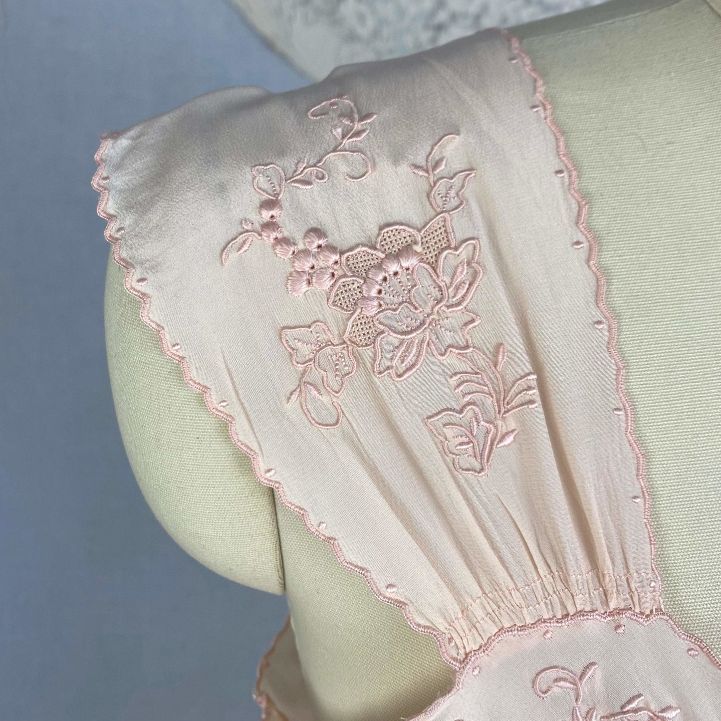 Vintage 1930's Nightgown | Powder Pink Silk with Heavy Embroidery & Scalloped Hem | Size M, LG - Daggers & Dames
