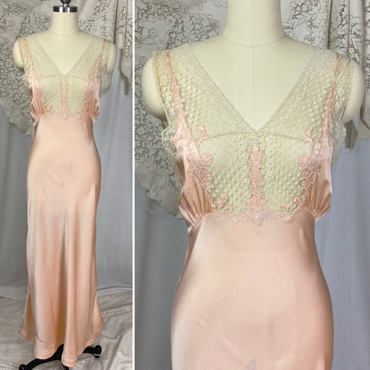 Vintage 1930's Nightgown | Rich Blush Pink Silk with Floral Chantilly Lace & Embroidery | Size XS, S | Marshall Field's and Company - Daggers & Dames