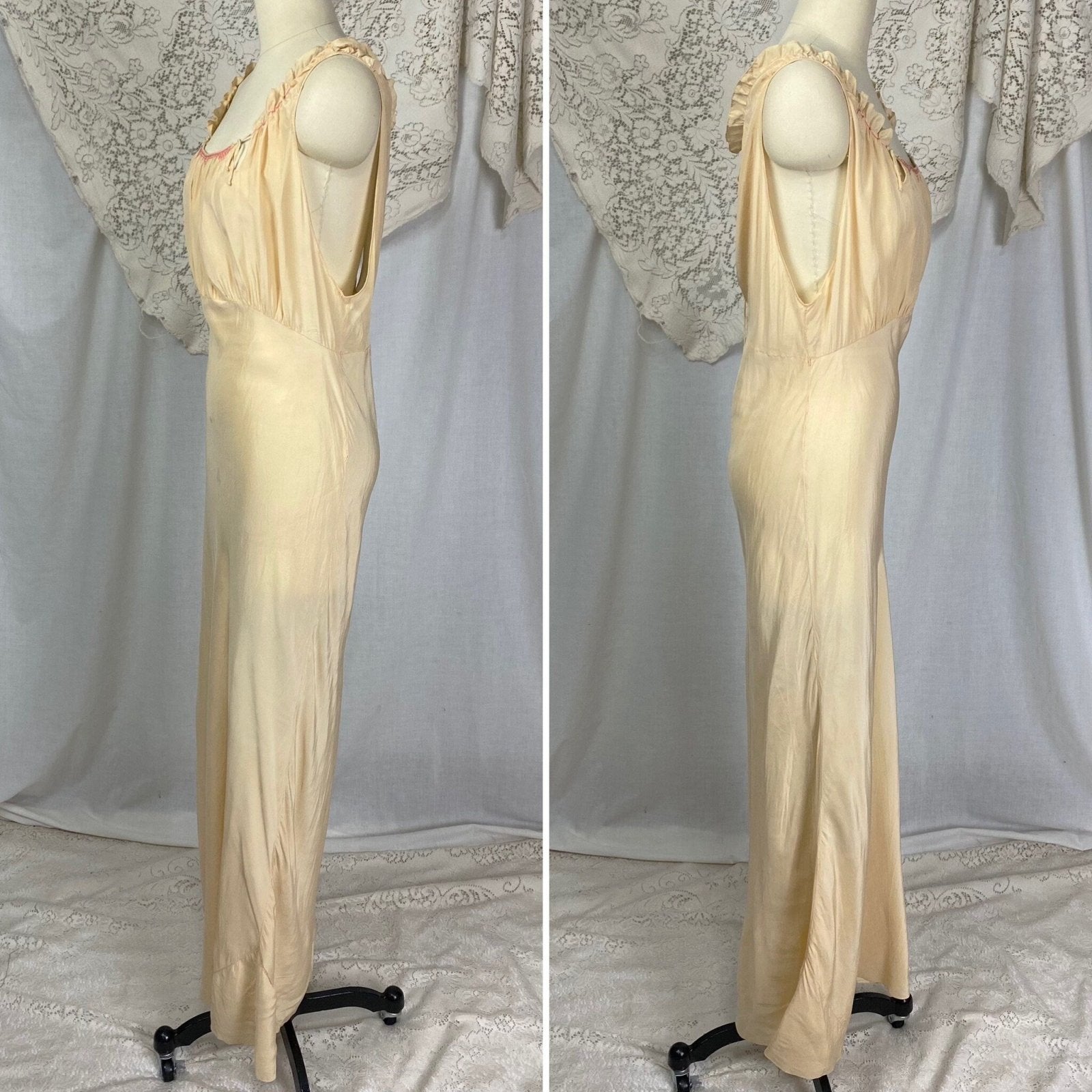 Vintage 1930's Nightgown | Rich Buttercream Silk with Blush Pink & Blue Embroidery | Size S, M - Daggers & Dames