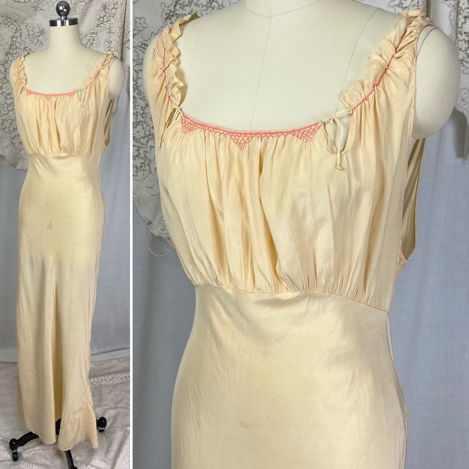 Vintage 1930's Nightgown | Rich Buttercream Silk with Blush Pink & Blue Embroidery | Size S, M - Daggers & Dames