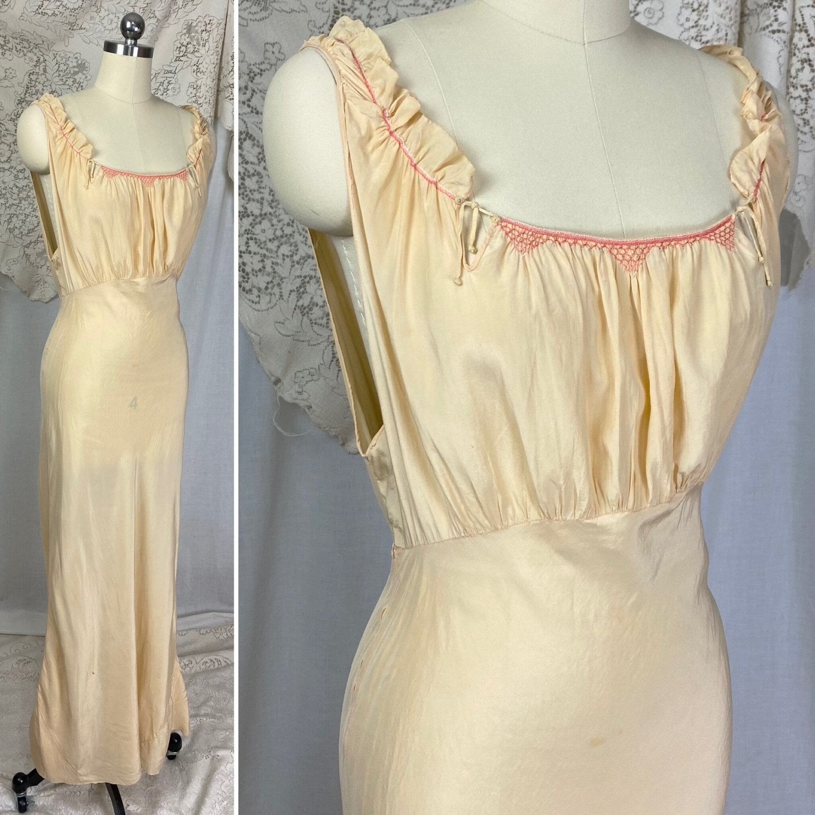 Vintage 1930's Nightgown | Rich Buttercream Silk with Blush Pink & Blue Embroidery | Size S, M - Daggers & Dames