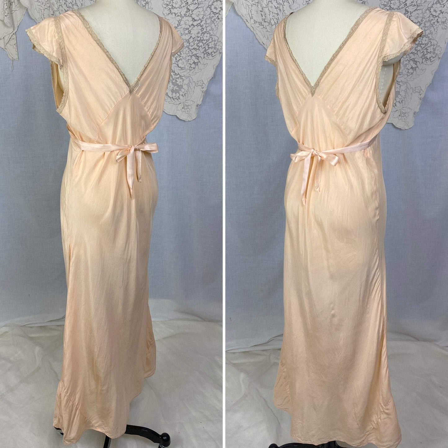 Vintage 1930's Nightgown | Rich Peach Silk with Deep Nude Lace & Silk Rosettes | Size LG | Reliance - Daggers & Dames