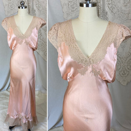Vintage 1930's Nightgown | Rich Peachy Pink Silk with Nude Floral Lace | Size M | A 'Ful-Fashiond' Product - Daggers & Dames