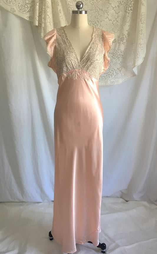 Vintage 1930's Nightgown | Rose Gold Rayon Satin with Ivory Lace Bodice | Bias Cut Nightgown | Size M - Daggers & Dames