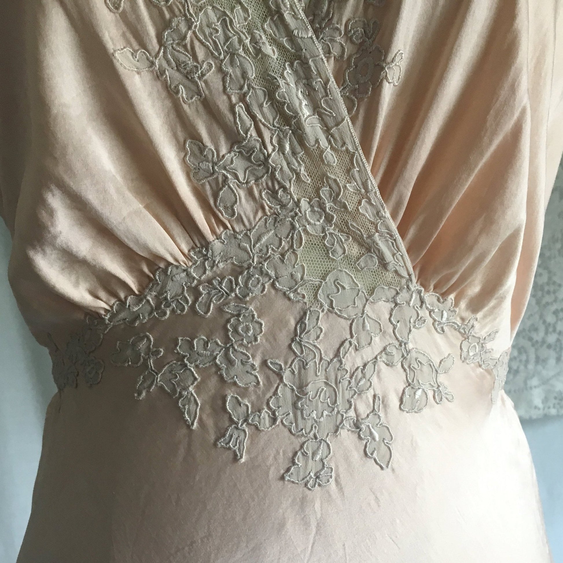 Vintage 1930's Nightgown | Rose Gold Silk with Embroidered Lace Tulle | Size M, LG - Daggers & Dames